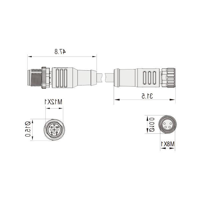 M8转M12 4Pin、M8母头直型 带LED灯转M12公头直型、双端预铸PVC非柔性电缆、灰色护套、63D313-XXX